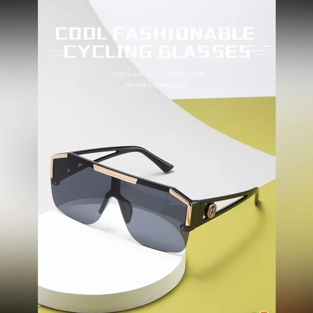 Oversized Black Shield Sunglasses with Gold Trim